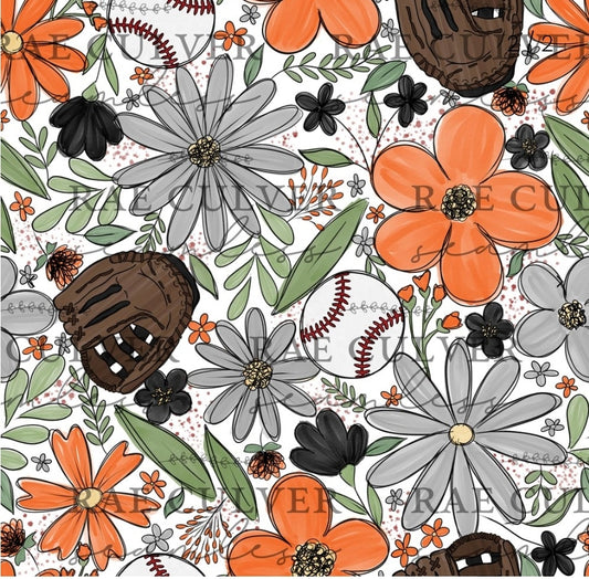 Baseball floral - orange/grey