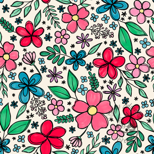 Ditsy sketchy floral - vivid