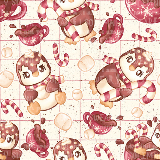 Hot cocoa penguin - cream/red grid